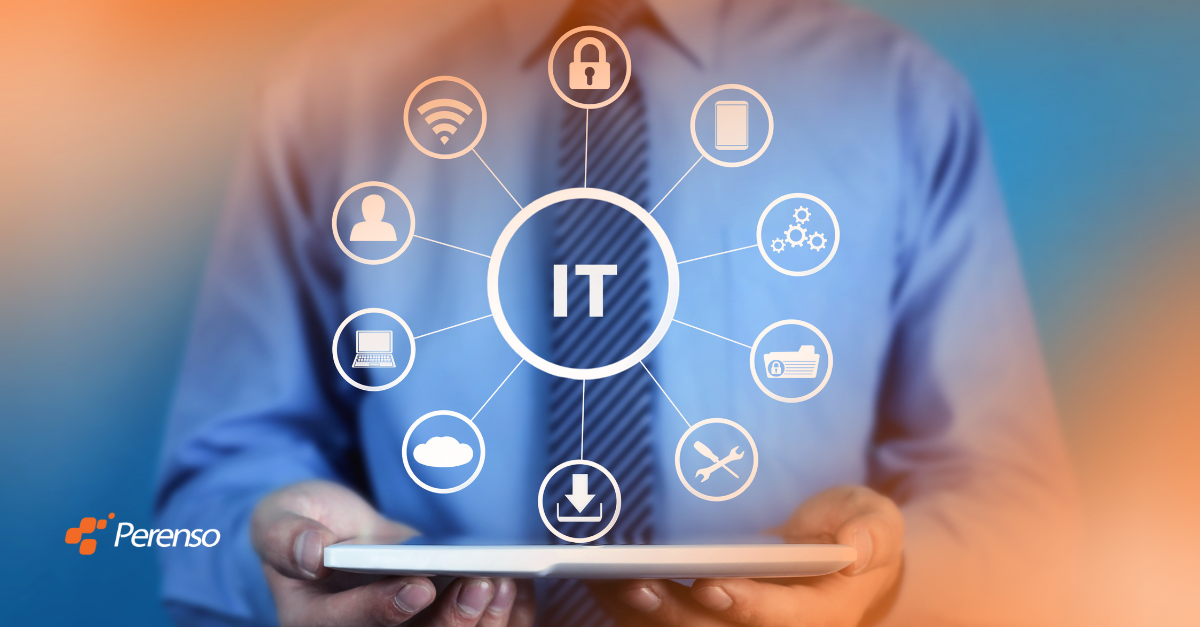 Man holding trade show software tablet in his hands. Icons floating above the tablet depict IT manager trade show tasks and concerns.